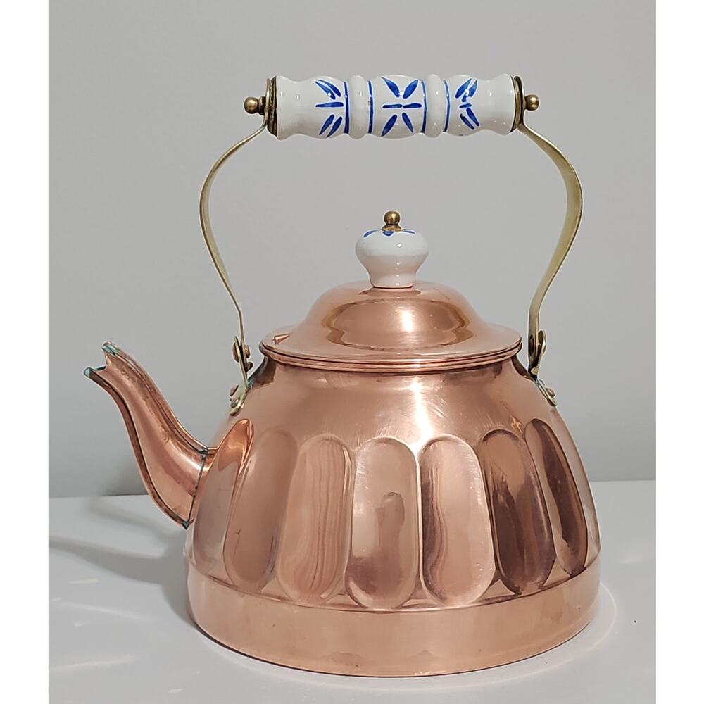 Vintage Copper Tea Kettle Fluted Delt Porcelain Brass handle Cottage Decor